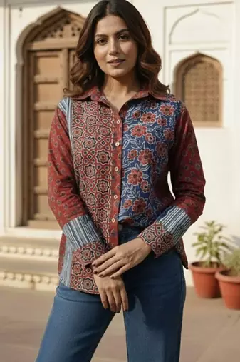 Floral Print Ethnic Shirt Style Top