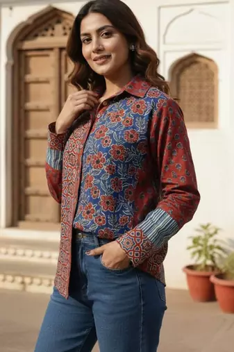 Floral Print Ethnic Shirt Style Top