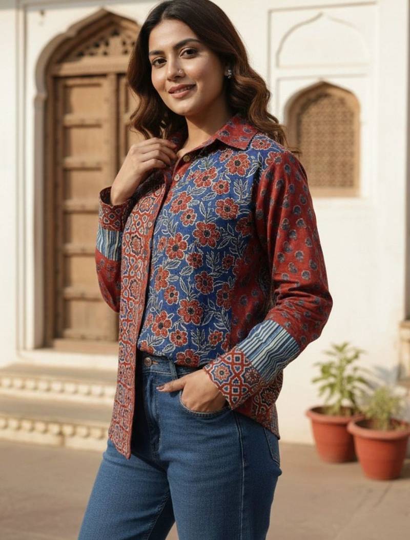 Floral Print Ethnic Shirt Style Top