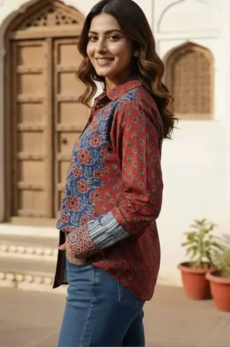 Floral Print Ethnic Shirt Style Top