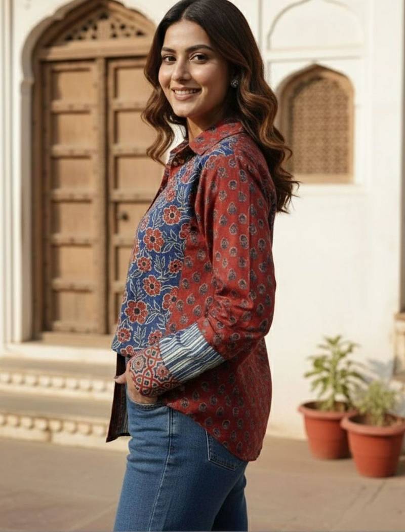 Floral Print Ethnic Shirt Style Top