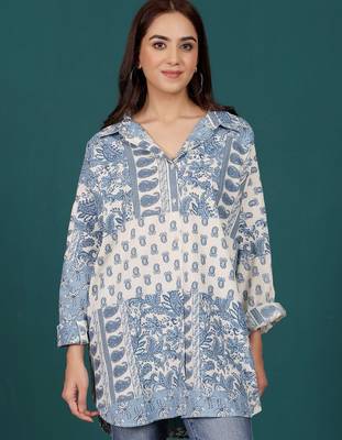 Print Cotton Shirt Style Longline Top 1
