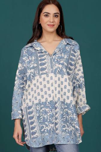 Print Cotton Shirt Style Longline Top