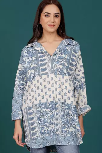 Print Cotton Shirt Style Longline Top