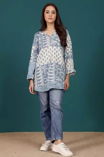 Print Cotton Shirt Style Longline Top