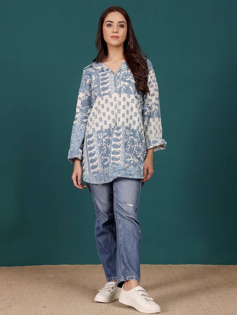 Print Cotton Shirt Style Longline Top
