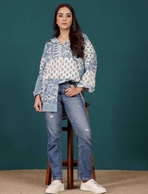 Print Cotton Shirt Style Longline Top 5