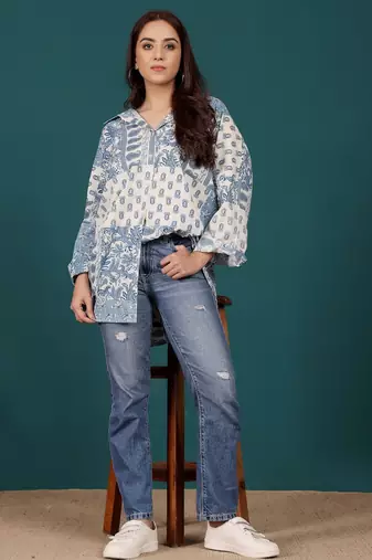 Print Cotton Shirt Style Longline Top