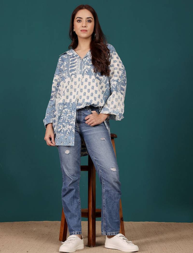Print Cotton Shirt Style Longline Top