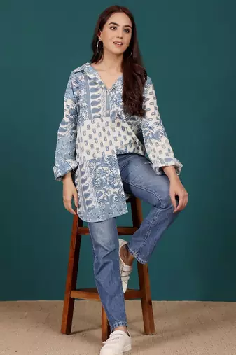 Print Cotton Shirt Style Longline Top