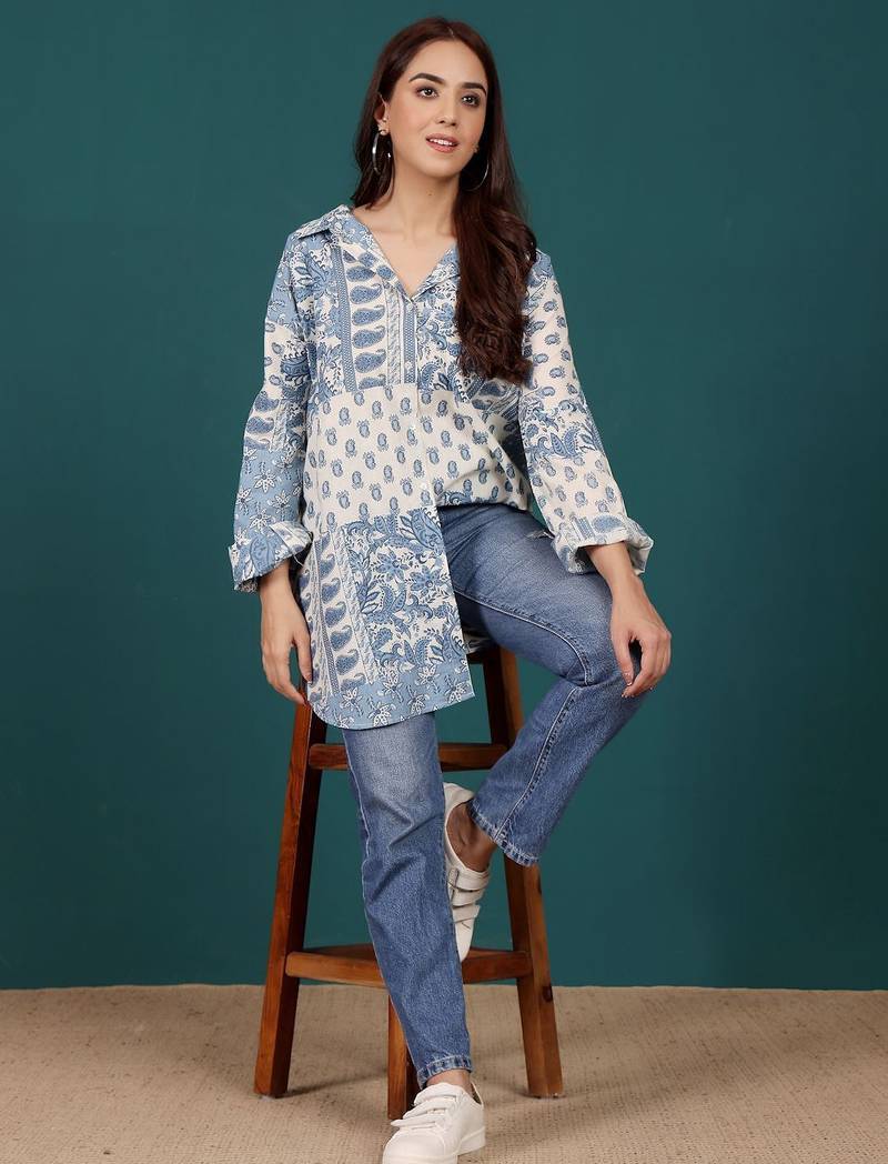 Print Cotton Shirt Style Longline Top