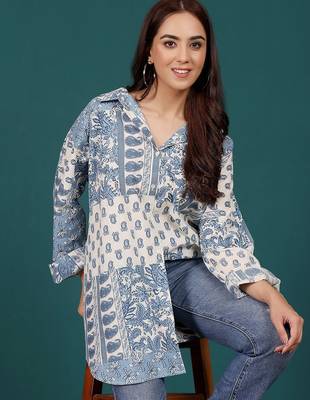 Print Cotton Shirt Style Longline Top 7