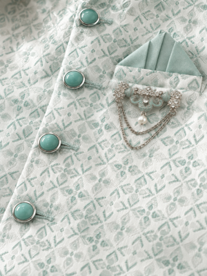 boys sea green silk blend  geometric jacquard floral kurta & dhoti set with waistcoat 5