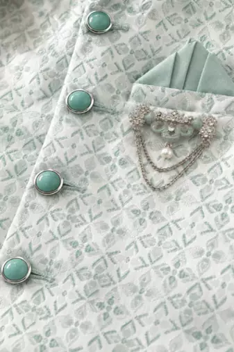 boys sea green silk blend  geometric jacquard floral kurta & dhoti set with waistcoat