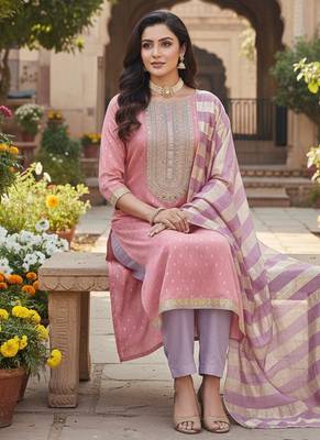 pink weaved shimmer jacquard butti unstitched dress material  3