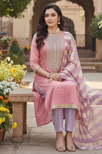 pink weaved shimmer jacquard butti unstitched dress material 
