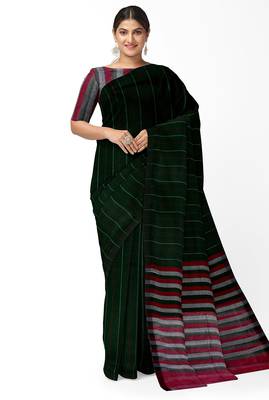 Dark green striped cotton blend saree 1