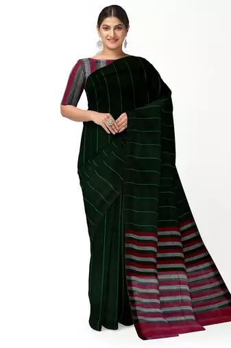 Dark green striped cotton blend saree