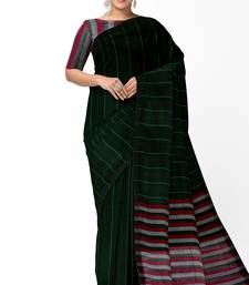 Dark green striped cotton blend saree