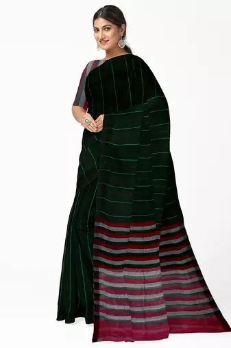 Dark green striped cotton blend saree