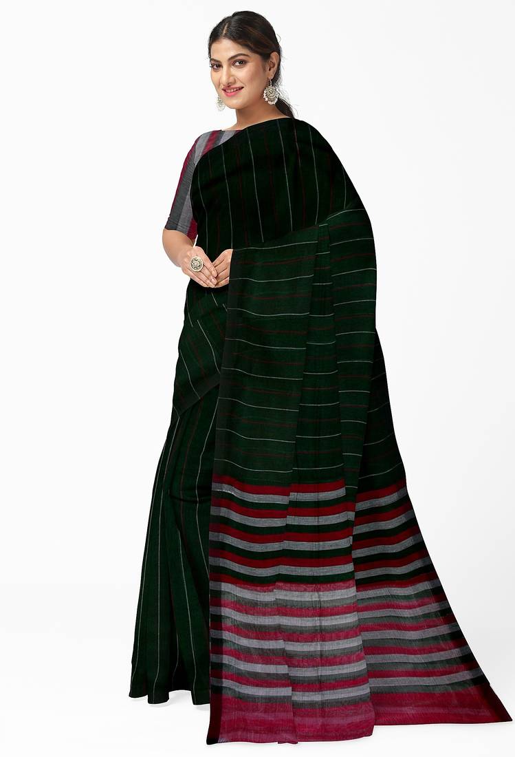 Dark green striped cotton blend saree