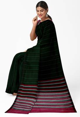Dark green striped cotton blend saree 3