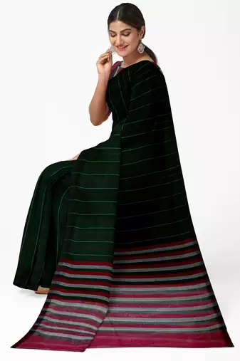 Dark green striped cotton blend saree