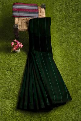 Dark green striped cotton blend saree 4