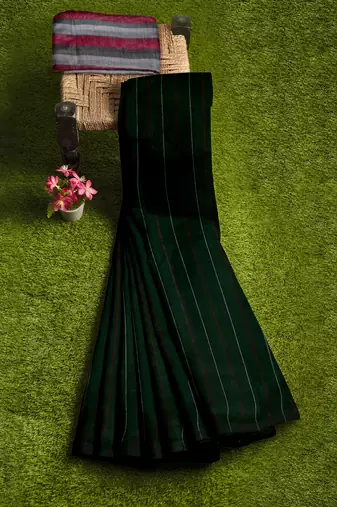 Dark green striped cotton blend saree