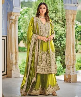 Olive heavy chinon embroidered palazzo suit set 1
