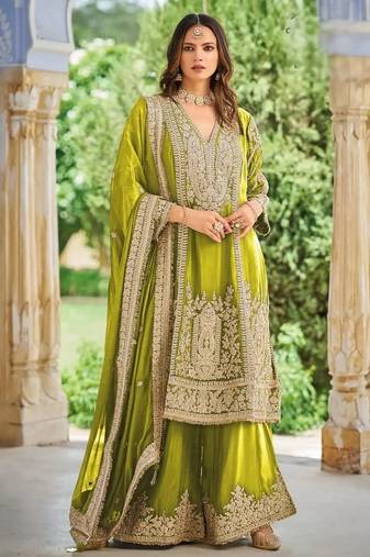 Olive heavy chinon embroidered palazzo suit set