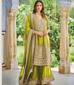 Olive heavy chinon embroidered palazzo suit set
