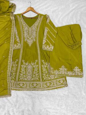 Olive heavy chinon embroidered palazzo suit set 2