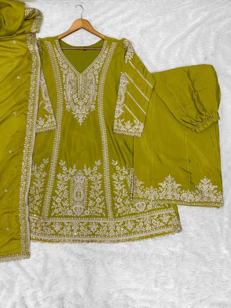 Olive heavy chinon embroidered palazzo suit set