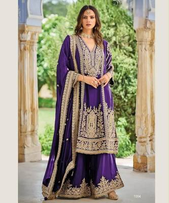 Purple heavy chinon embroidered palazzo suit set 1