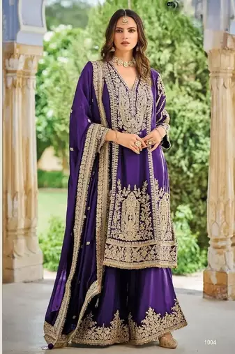 Purple heavy chinon embroidered palazzo suit set