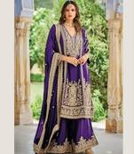 Purple heavy chinon embroidered palazzo suit set