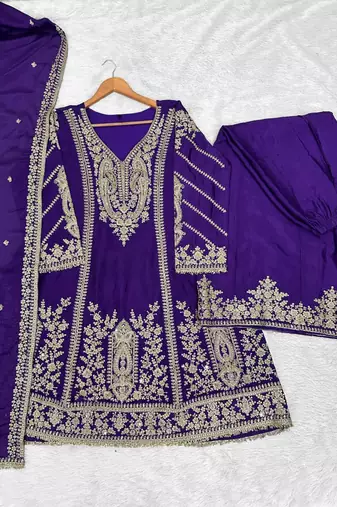 Purple heavy chinon embroidered palazzo suit set