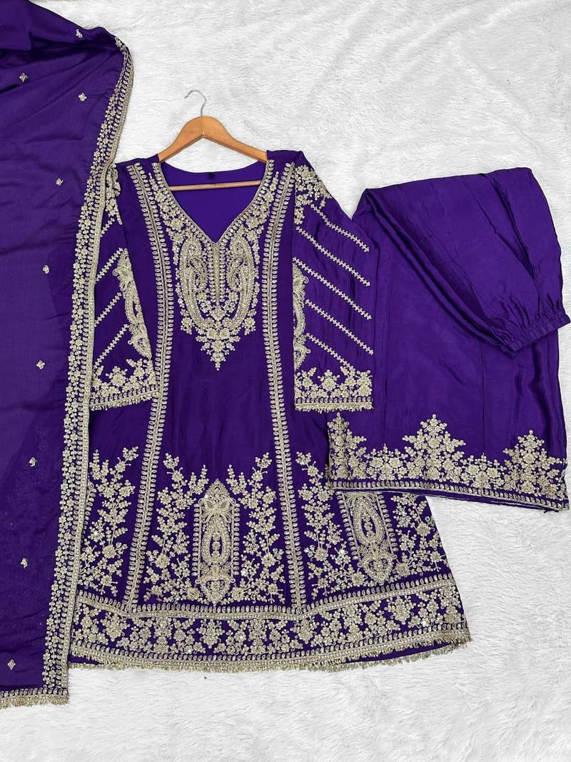 Purple heavy chinon embroidered palazzo suit set