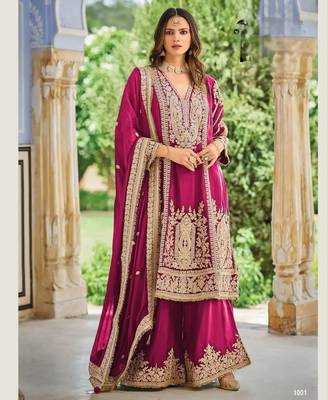 Rani pink heavy chinon embroidered palazzo suit set 1