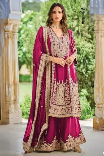 Rani pink heavy chinon embroidered palazzo suit set