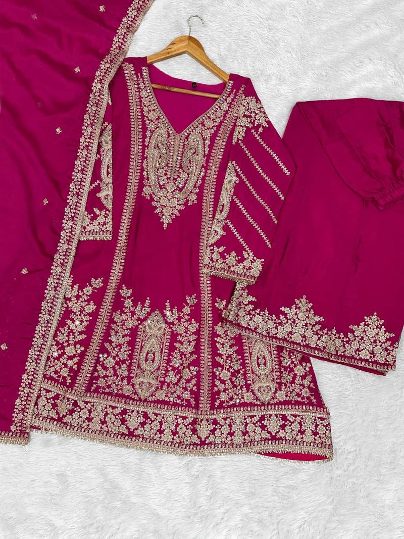 Rani pink heavy chinon embroidered palazzo suit set