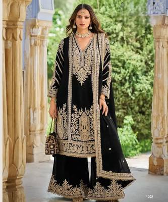 Black heavy chinon embroidered palazzo suit set 1