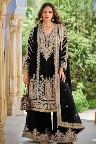 Black heavy chinon embroidered palazzo suit set