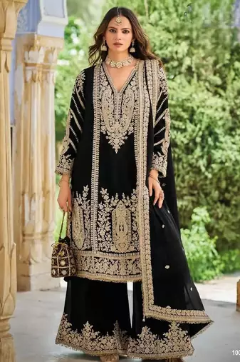 Black heavy chinon embroidered palazzo suit set