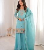 Women's Gorgeous Embroidery Work Crunchy Silk Fabric Straight Kurta Sharara and Dupatta Set