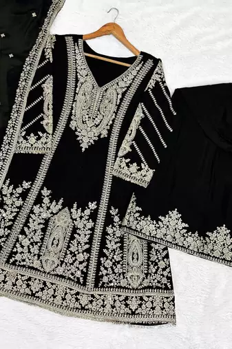 Black heavy chinon embroidered palazzo suit set