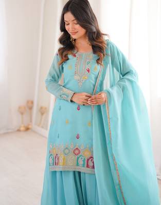 Women's Gorgeous Embroidery Work Crunchy Silk Fabric Straight Kurta Sharara and Dupatta Set 2