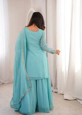 Women's Gorgeous Embroidery Work Crunchy Silk Fabric Straight Kurta Sharara and Dupatta Set 3