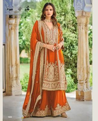 Orange heavy chinon embroidered palazzo suit set 1